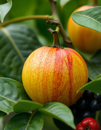 Close up of fruit on a tree in the garden with blurred backgroundの写真素材