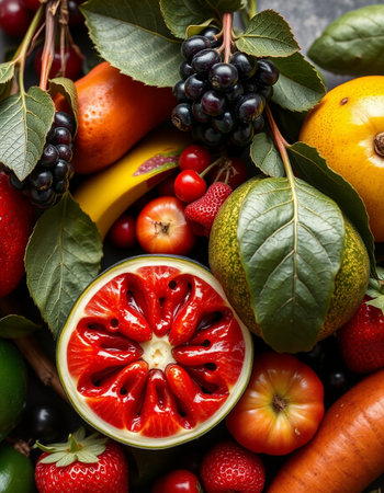 Fresh Fruits and Vegetables as Healthy Eating Concept, Top Viewの写真素材