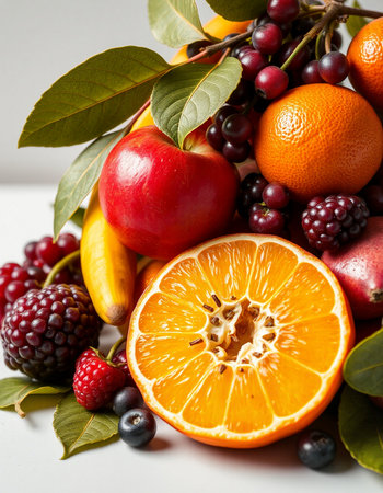 Fresh fruits and berries on a white background. Healthy food concept.の写真素材