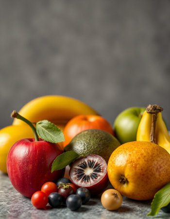 Assortment of fresh fruits on stone table, selective focusの写真素材