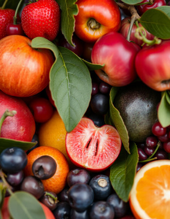 Fresh fruits and berries as background, top view. Healthy eating conceptの写真素材