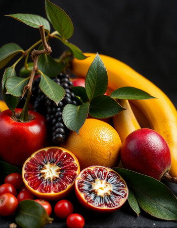 Fruits and berries on a dark background. Healthy food concept.の写真素材