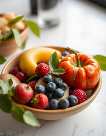 Healthy fruit salad with strawberries, blueberries, raspberries and apples in a bowlの写真素材