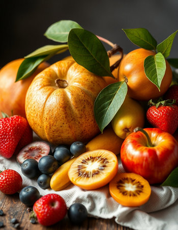 Fruits and berries on wooden table. Healthy food concept. Selective focus.の写真素材