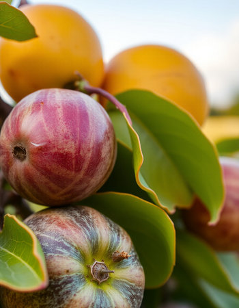 Fruits of Persimmon on the tree. Close-up