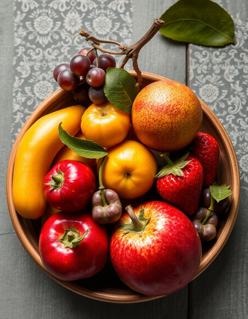 Fruits and vegetables in a wooden bowl on a wooden background.の写真素材