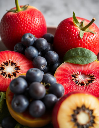 Close up of a bowl of fresh fruits and berries. Healthy food concept.の写真素材
