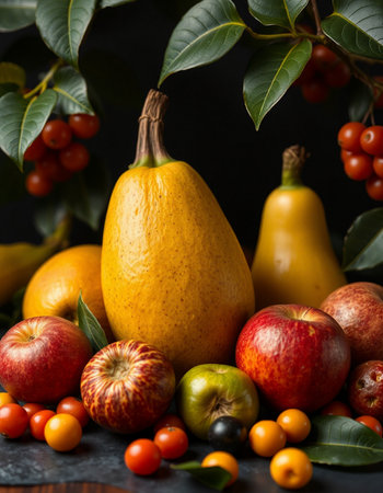 Autumn still life with fruits and vegetables on a dark background.の写真素材