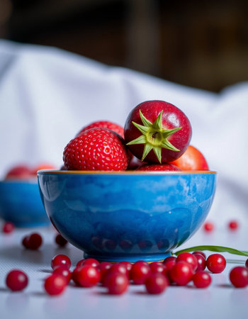 Strawberries and cranberries in a blue bowl. Selective focus.の写真素材