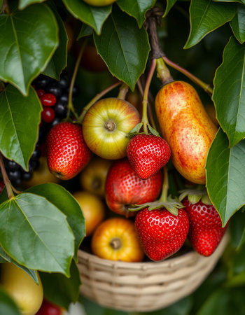 Fruits in a basket on a tree in the garden, close-upの写真素材