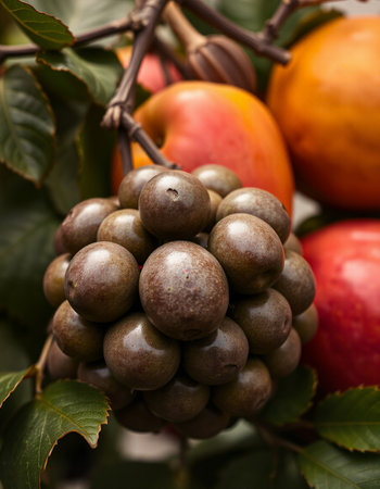 Fruits of a tree with green leaves and fruits on the backgroundの写真素材