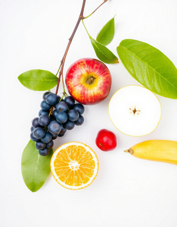 Fresh fruits isolated on white background. Healthy food concept. Top view.の写真素材