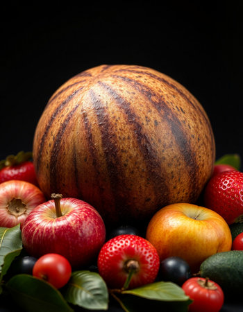 Fruits and vegetables on a black background. Healthy food. Selective focus.の写真素材