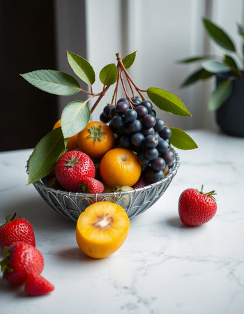 Fresh fruits in a bowl on a white marble table, selective focusの写真素材
