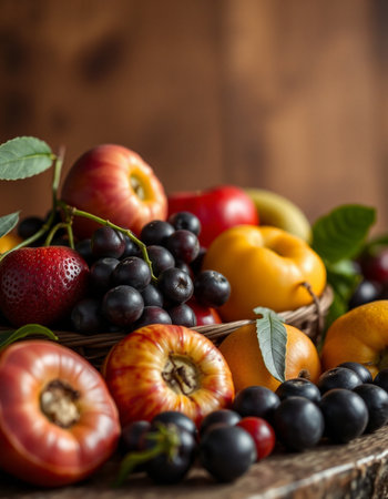 Fresh fruits and berries in a basket on a wooden background, selective focusの写真素材