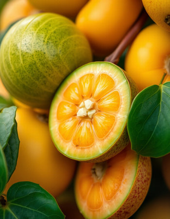 Close up of yellow and green kumquat fruit background.の写真素材