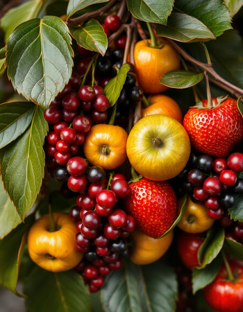 Fresh fruits and berries on the branches of a tree in the gardenの写真素材