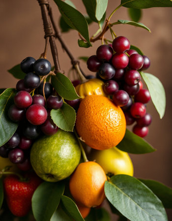 Fruits and vegetables on a brown background. Healthy food concept.の写真素材