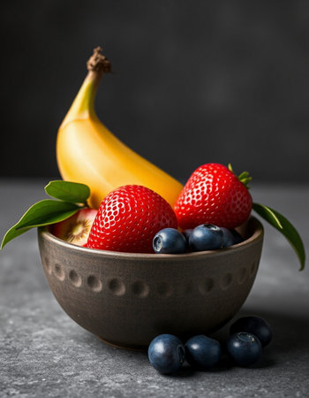 Bowl with fresh berries and banana on grey table, closeupの写真素材