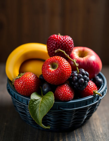 Fresh fruit in a basket on a dark wooden background, selective focus.の写真素材