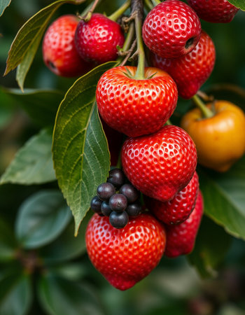 Ripe strawberries on a plant branch in the garden. Selective focusの写真素材