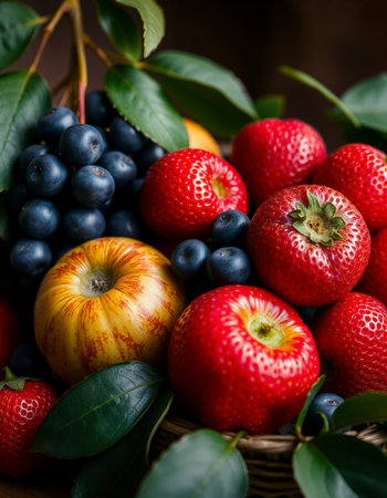 Fruit basket with strawberries, blueberries, blackberries and applesの写真素材