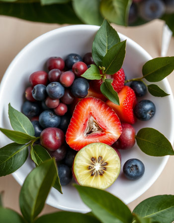 Fruit salad with strawberries, blueberries and kiwi.の写真素材
