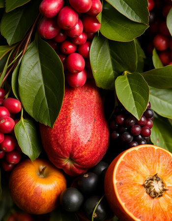 Fruits and berries as a background, top view, vertical compositionの写真素材