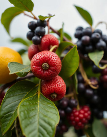Fruits and berries on the branches of a tree in the gardenの写真素材