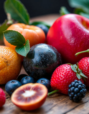 Fresh fruits and berries on a wooden table. Selective focus.
