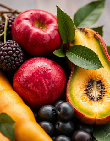 Fresh fruits and vegetables on a wooden background. Healthy food concept.の写真素材