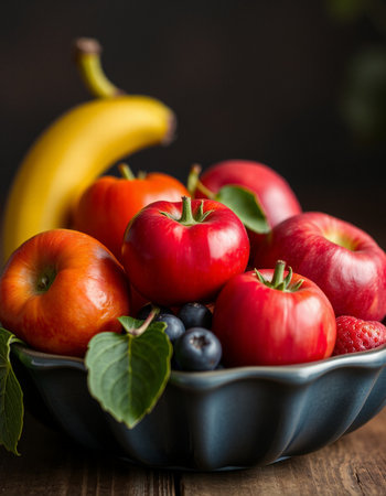 Fresh fruits and berries in a bowl on a wooden table, selective focusの写真素材