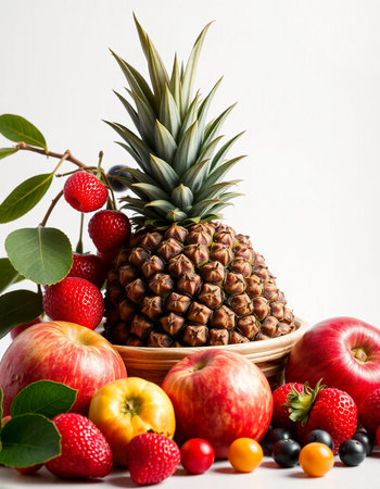 Pineapple and other fruits in a basket on a white backgroundの写真素材