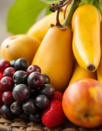 Fruits in a wicker basket on a wooden table. Selective focus.の写真素材