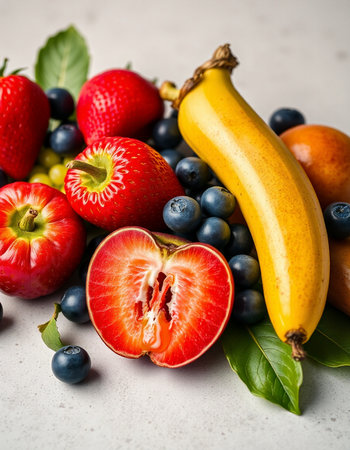 Mix of fresh fruits and berries on white background, selective focus.の写真素材