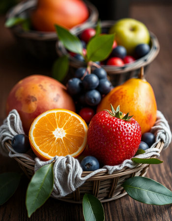 Fresh fruits in a basket on a wooden background. Selective focus.の写真素材