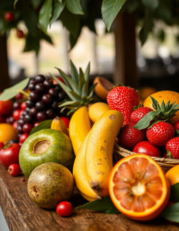 Fresh fruits on wooden table, closeup. Healthy eating concept.の写真素材