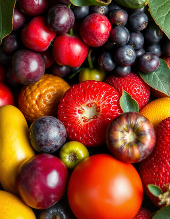 Assortment of fresh fruits and vegetables as background, top view.の写真素材