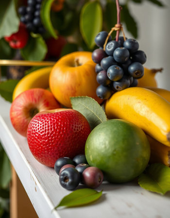 Fresh fruits on a wooden box, close-up, selective focusの写真素材