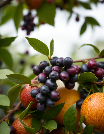 Fruits and berries on a branch of a tree in the gardenの写真素材