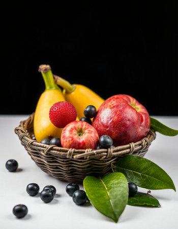 Fresh fruits and berries in a basket on a white table. Black background.の写真素材