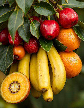 Bunch of fresh fruits on the tree. Healthy food concept.の写真素材