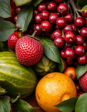 Fruits and berries on a wooden background. Close-up.