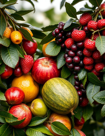 Fruits and berries in a basket on a tree. Selective focus.