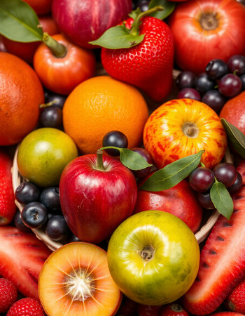Fruits background. Fresh fruits and berries. Healthy eating concept.