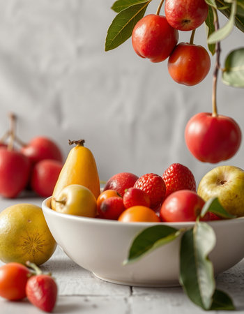 Various fruits in a bowl on a white wooden table, selective focusの写真素材