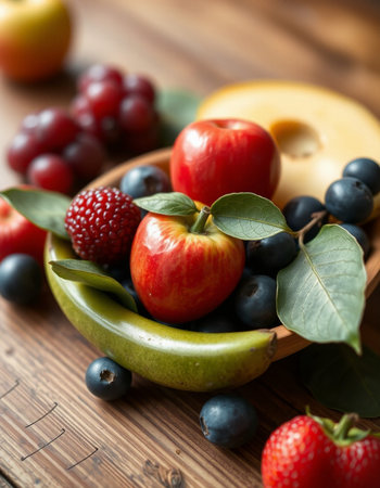 Assortment of fresh fruits and berries in wooden bowl on wooden tableの写真素材