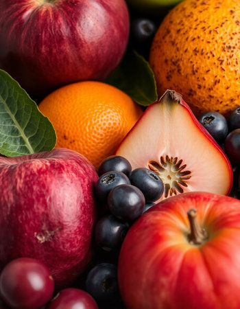 Fruits background with apples, oranges, grapefruits and pearsの写真素材