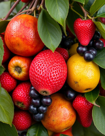 Bunch of fresh fruits and berries with green leaves, closeupの写真素材