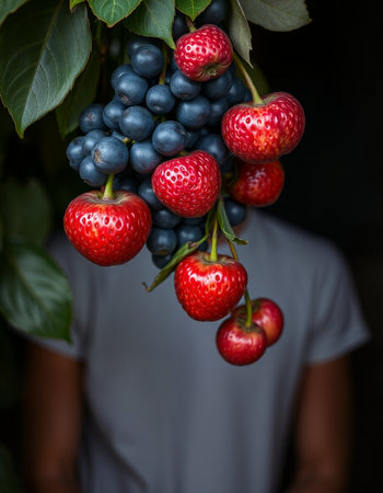 Closeup of a boy holding a bunch of blueberries and strawberriesの写真素材